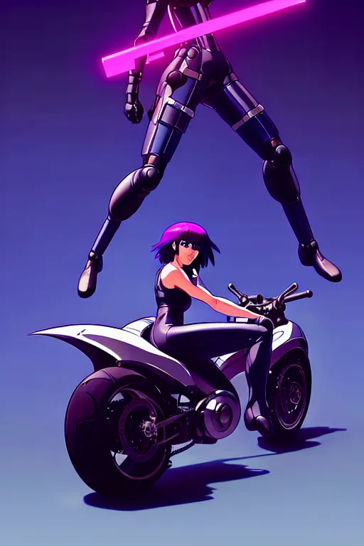 Image similar to a fullbody pose of motoko kusanagi riding futuristic motorbike, the major ghost in the shell : : stand alone complex, the laughing man, netflix : : by ilya kuvshinov, rossdraws, artgerm, sola digital arts, anti aliasing, raytracing : :