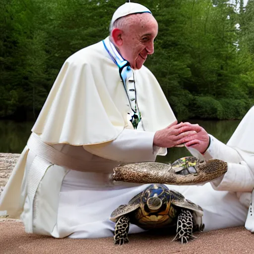 Image similar to cute photo of Pope Francis blessing pond turtle, HD photography, Canon eos r3, 8k resolution