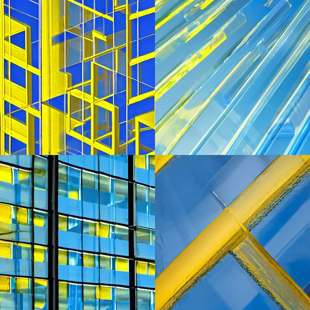 Prompt: a blue transparent sheet of glass half overlapping a yellow transparent sheet of glass