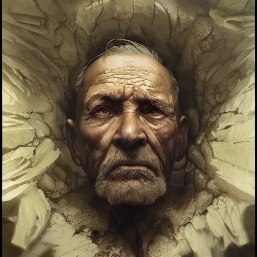 Prompt: distant shot from above painting of an old man in sorrow, staring at the underworld, ultra realistic, concept art, intricate details, eerie, highly detailed, photorealistic, octane render, 8 k, unreal engine. art by artgerm and greg rutkowski and alphonse mucha