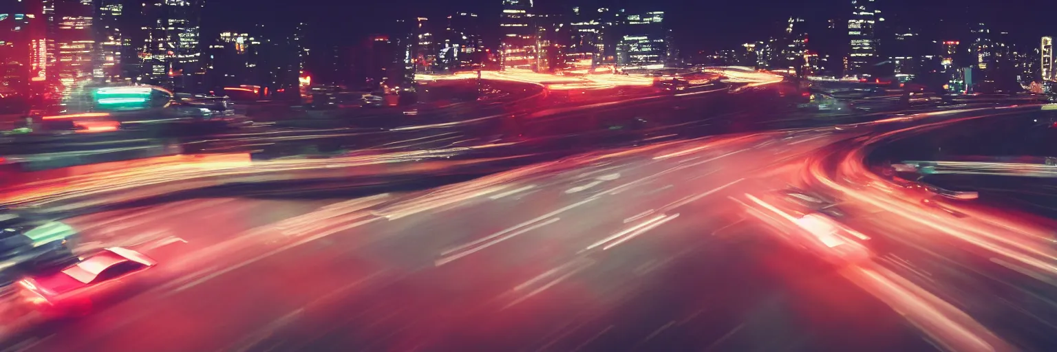 Image similar to 8 0 s neon movie still, high speed car chase on the highway with city in background, slow shutter speed, medium format color photography, movie directed by kar wai wong, hyperrealistic, photorealistic, high definition, highly detailed, tehnicolor, anamorphic lens