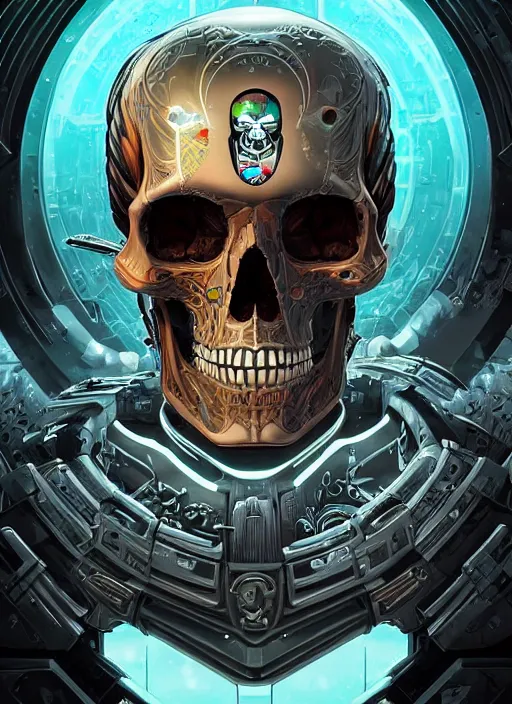Prompt: a stylish cyborg skull from the future, digital portrait by Dan Mumford and Peter Mohrbacher, highly detailed, in the style of warhammer 40k