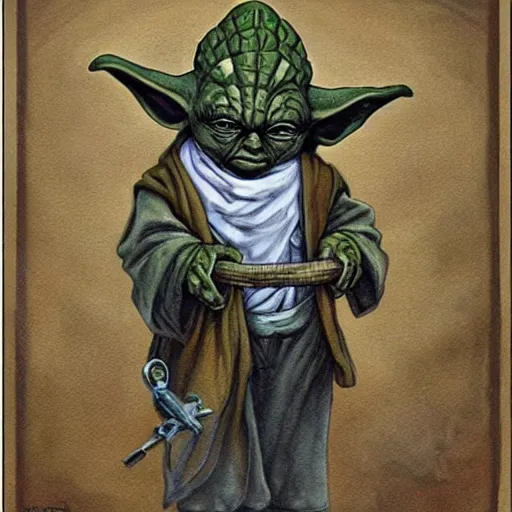 Prompt: yoda as a cowboy, artwork by Daniel Merriam,