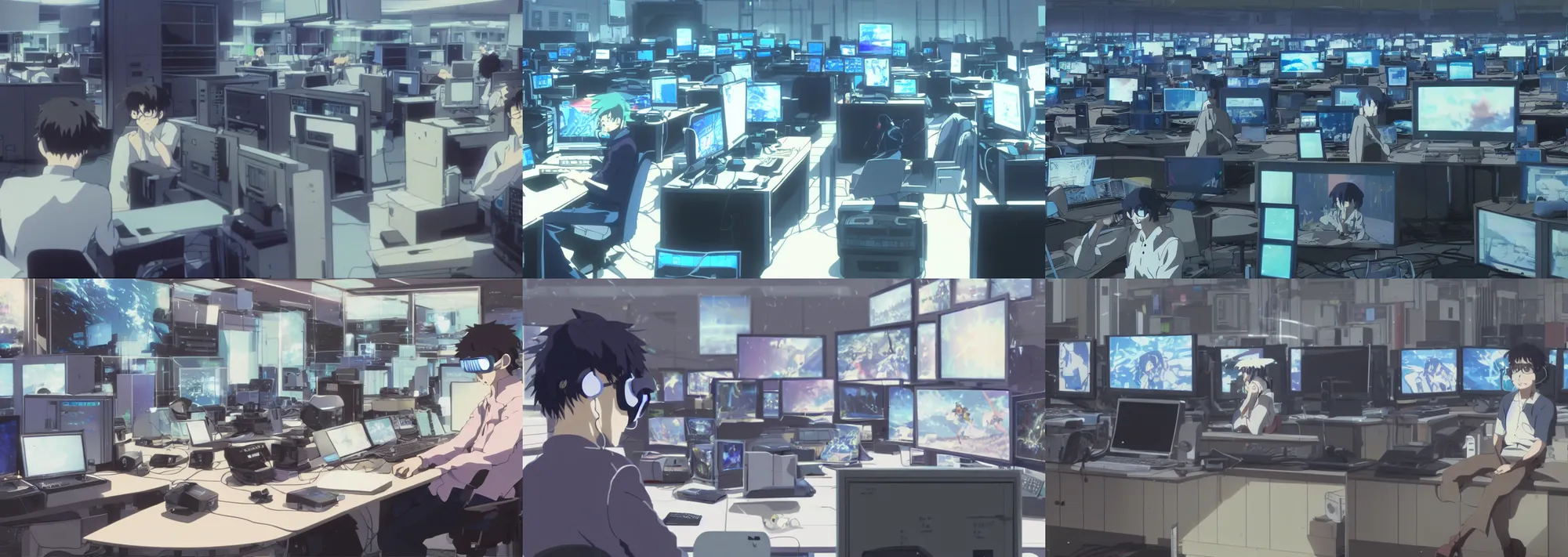 Prompt: man wearing a virual reality headset, indoors, in a room full of computers, modern times, screenshot from the anime film by Makoto Shinkai