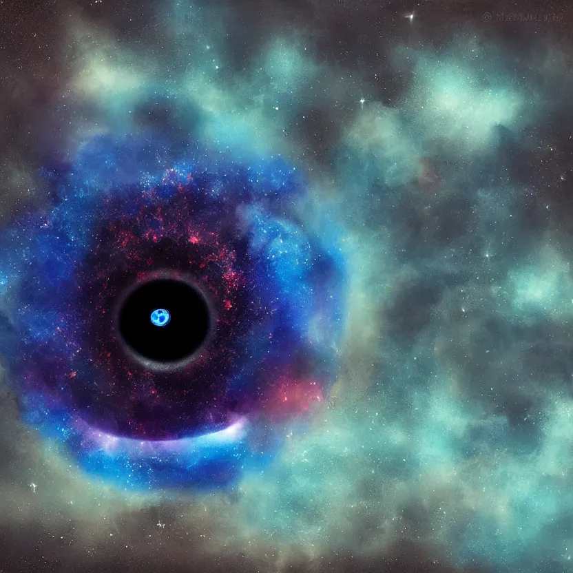 Prompt: blue evil eye floating in front of a nebula, digital art inspired by mikko lagerstedt, gilbert williams