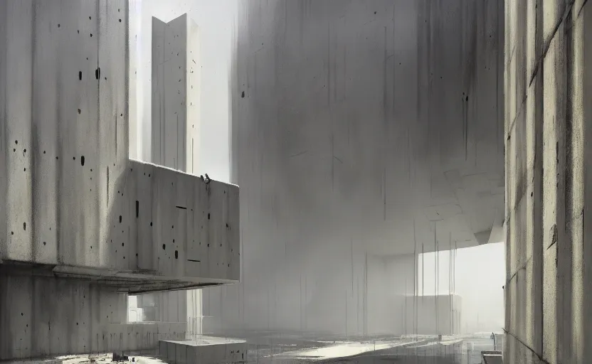 Prompt: painting of exterior shot of a white concerete brutalist architecture designed by peter zumthor by darek zabrocki, greg ruthkowski, cinematic and cold atmospheric, archillect concept art, artstation, trending on artstation