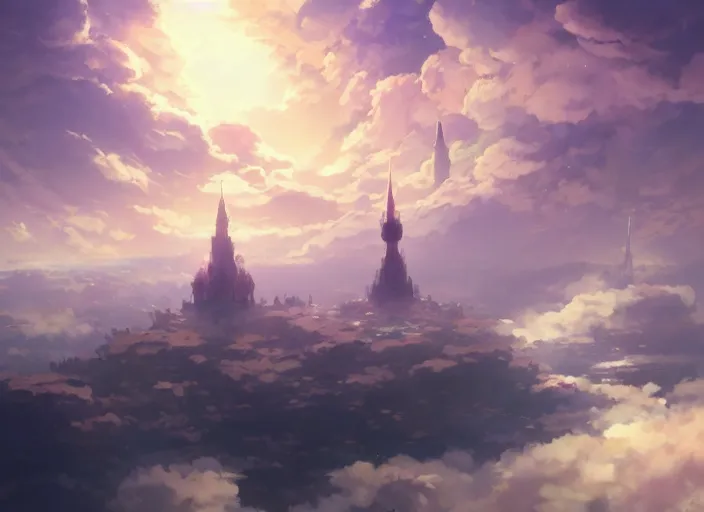 Image similar to floating city on clouds, 8 k, hd, details, fantasy, epic, ancient city, landscape illustration concept art anime key visual trending pixiv fanbox by wlop and greg rutkowski and makoto shinkai and studio ghibli and kyoto animation symmetrical facial features