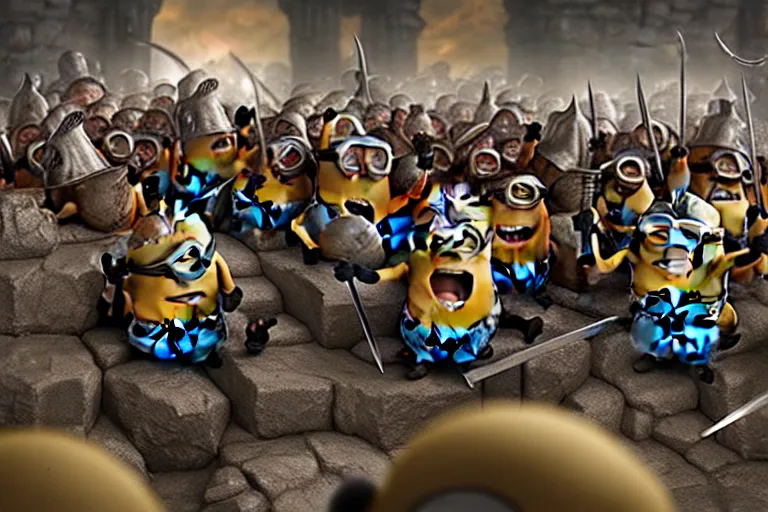 Image similar to diorama of minions fighting orcs in the battle of helm's deep, giant castle walls, realistic, 4 k, detailed