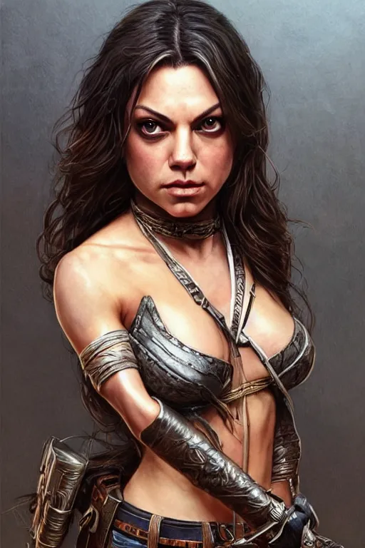 Image similar to tough Mila Kunis as a ruggedly handsome heroine, intricate, elegant, highly detailed, centered, artstation, concept art, smooth, sharp focus, illustration, bokeh art by artgerm and donato giancola and Joseph Christian Leyendecker, WLOP