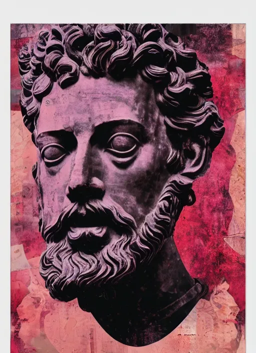 Image similar to design poster showing a statue of marcus aurelius, black background with very subtle red and purple design elements, powerful, nekro, graphic design, collage art, thin lines, dark, glitch art, neo vaporwave, gritty, layout frame, square, trending on artstation