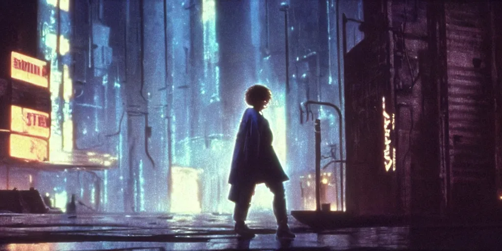 Prompt: at night, a white teenage girl with a pixie haircut in an oversized man's coat hides in the factory district : a still from a scifi dystopian cyberpunk film from 1 9 8 0 s. by steven spielberg, robert zemeckis, francis ford coppola, and james cameron. shot on 3 5 mm film stock.