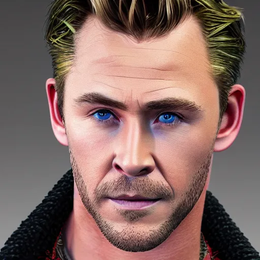 Image similar to Chris Hemsworth and Tom Hiddleston crossbreed, rendered in 3D by Xie Boli, trending on artstation, 4k, 8k, photorealistic imagery, photorealistic details, intricate, highly detailed