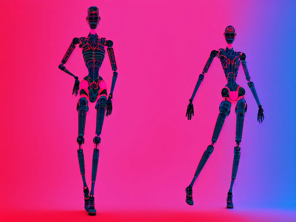 Image similar to beautiful tall female robot printed with red and black 3 d geometrical neon facing a doorway opening with neon pink geometric fractal light + a portal to a vaporwave world, flowering pineapples, transcendent, clean linework, dramatic, finely detailed, 4 k, trending on artstation, photorealistic, volumetric lighting, octane render