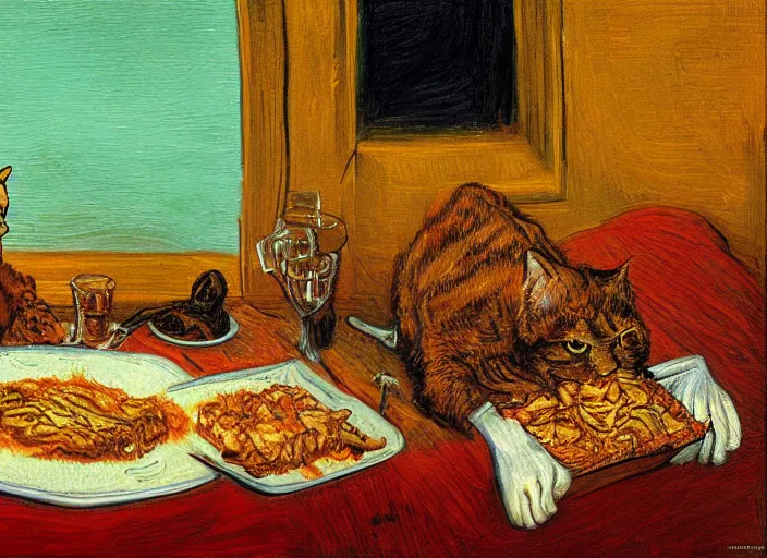 Image similar to detailed realistic realism painting of garfield eating lasagna at dusk, in the style of vincent van gogh and salvador dali and leonardo da vinci