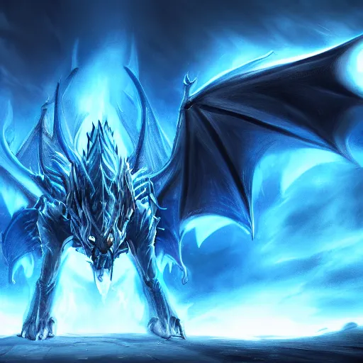 Image similar to a symmetrical dragon slightly covered in blue flames while roaring at the sky, low angle, concept art, cinematic pose, trending on artstation deviantart, 8k UHD, extremely detailed