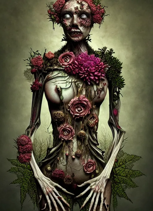 Image similar to beautiful and detailed rotten woman corpse with fractal plants and fractal flowers growing around, muscles, veins, arteries, intricate, organs, ornate, surreal, ray caesar, john constable, guy denning, dan hillier