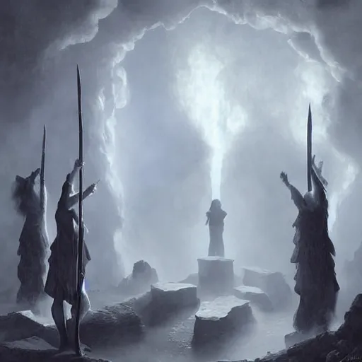 Image similar to gates of hell. Smoke effects forms question mark. Digital painting. Art station. Mood lighting. Skindness, highly detailed, concept art, intricate, sharp focus, einar jonsson and bouguereau - h 1200
