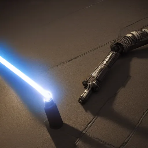 Prompt: ultra - detailed cinematic render, of a lightsaber hilt, lying vertically on a stone, lit up in a dark room, octane render, high quality, digital art, 8 k, jedi fallen order teaser, volumetric lighting