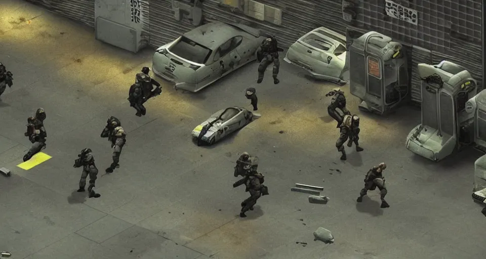 Image similar to 1998 Video Game Screenshot of Neo-tokyo Cyborg bank robbers vs police, Set inside of Parking Garage, Dark, Multiplayer set-piece Ambush, Tactical Squads :10, Police officers under heavy fire, Suppressive fire, Pinned down, Destructible Environments, Gunshots, Headshot, Bullet Holes and Anime Blood Splatter, :10 Gas Grenades, Riot Shields, MP5, AK45, MP7, P90, Chaos, Anime Machine Gun Fire, Gunplay, Shootout, :14 FLCL + Jet Grind Radio, Cel-Shaded:17, Created by Katsuhiro Otomo + Arc System Works + miHoYo: 20