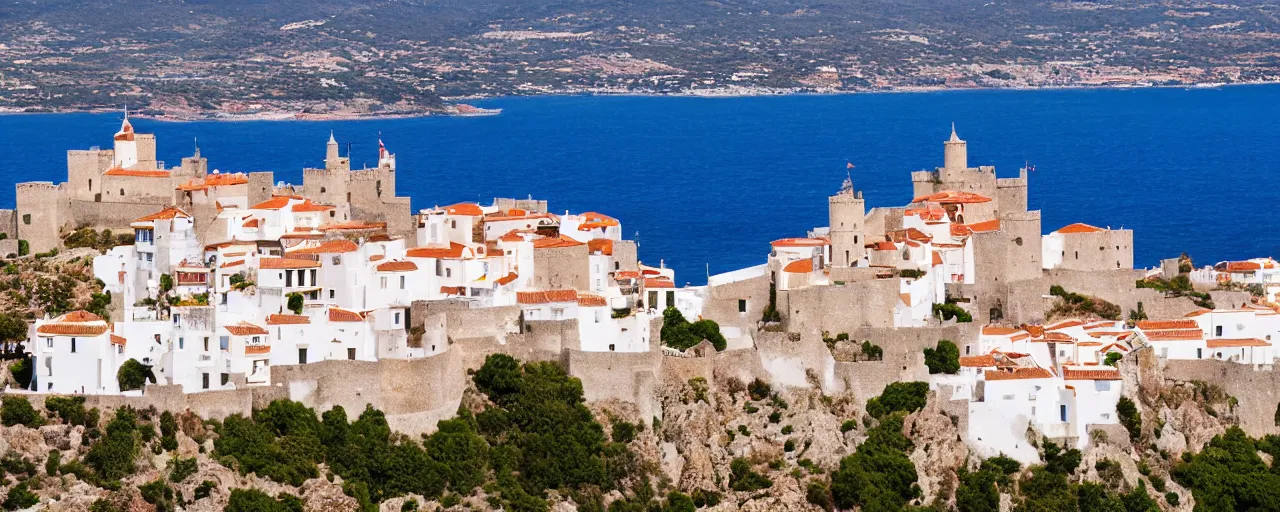 Image similar to 35mm photo of the Spanish castle of Salobrena on the top of a large rocky hill overlooking a white Mediterranean town, white buildings with red roofs, small square white buildings, ocean and sky by June Sun