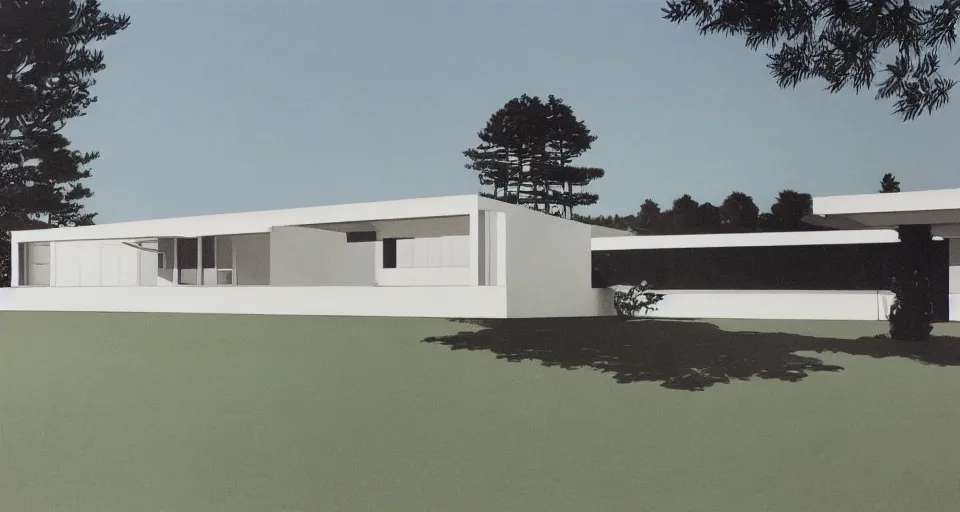 Prompt: modern house, bauhaus, mies van der rohe, matte painting, hiroshi nagai