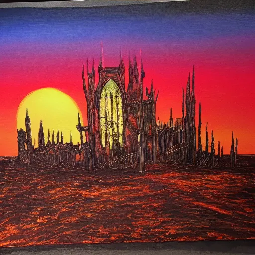 Image similar to trump at mar-a-lago, gothic wasteland, desolate, apocalyptic sunset, fading light, yellow and orange tint, painting