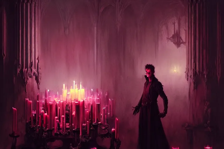 Image similar to Character concept art of Pretty guy male necromancer bringing dead to alive, casting dark magic spell. Gothic Castle room, lots of candles, barely lit warm violet red light, surrounded by ghosts coming through the floor By greg rutkowski, tom bagshaw, beksinski