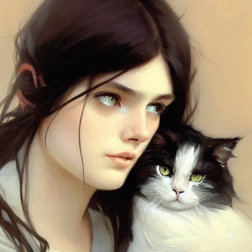 Image similar to emo girl and her cat, with long dark hair, thick eyebrows!!! deep dark big eyes and dark circles!, wide nose!!!, oval face shape, big cheeks!, by greg rutkowski and alphonse mucha, trending on artstation