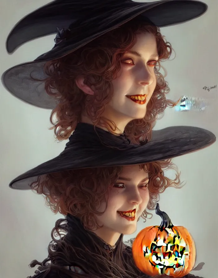 Image similar to halloween witch woman in a hat smiles, fantasy magic, undercut hairstyle, dark light night, intricate, elegant, sharp focus, illustration, highly detailed, digital painting, concept art, matte, art by wlop and artgerm and greg rutkowski and alphonse mucha, masterpiece