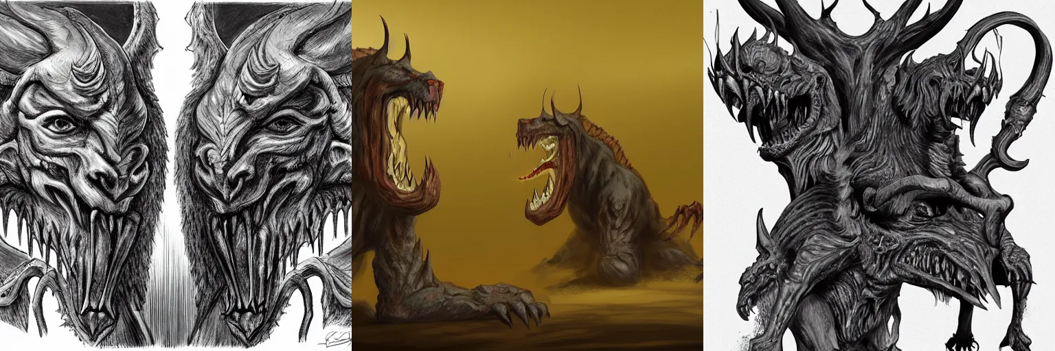 Prompt: a two-headed beast guarding the gates of hell, concept art