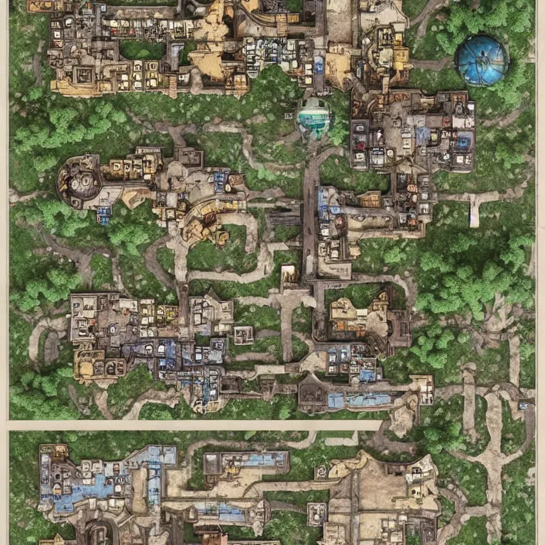 Image similar to full - color fantasy floor plan of a bustling merchant village with a bridge over a river to the north, d & d, pathfinder, by jeff todd and greg rutkowski, trending on artstation, pinterest