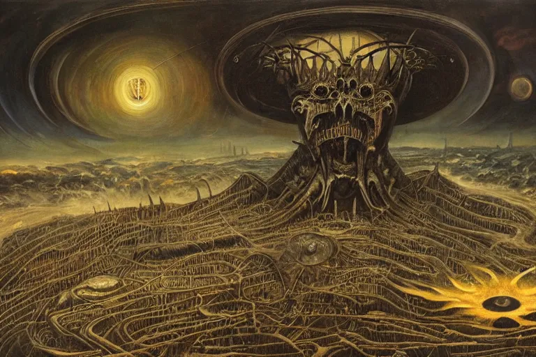 Image similar to a painting of a supreme calamity, apocalypse, end of the world, painting by h. r. giger, super high detail, cosmos perspective, unimaginable composition, sharp focus