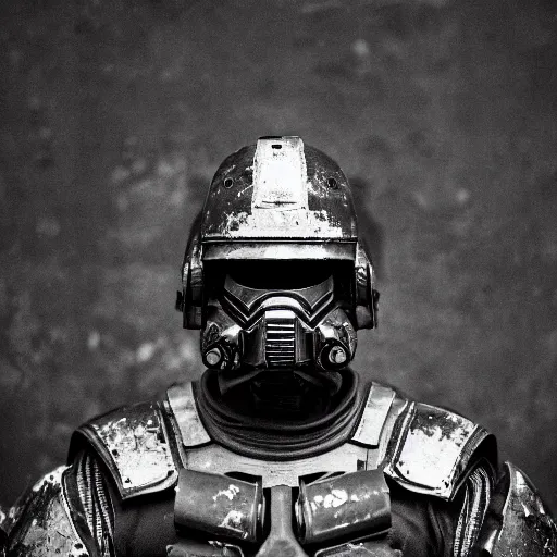 Image similar to portrait photograph of black spacemarine in battle worn armor. super resolution. 85 mm f1.8 lens.bokeh.graflex. Alessio albi