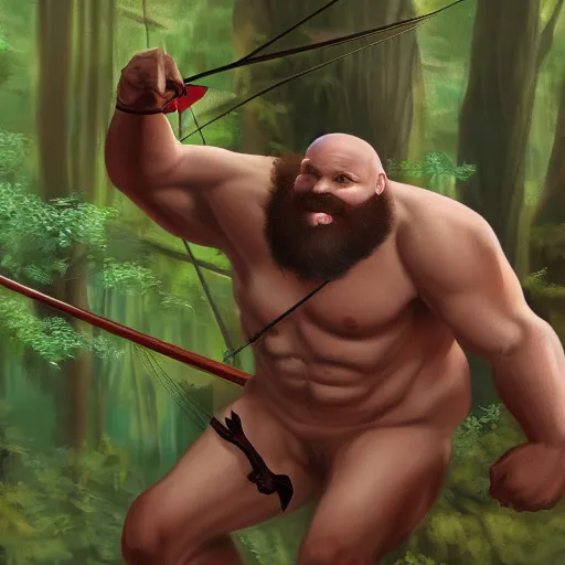 Image similar to bald man with a large red beard that's a centaur running through the forest holding a bow and arrow