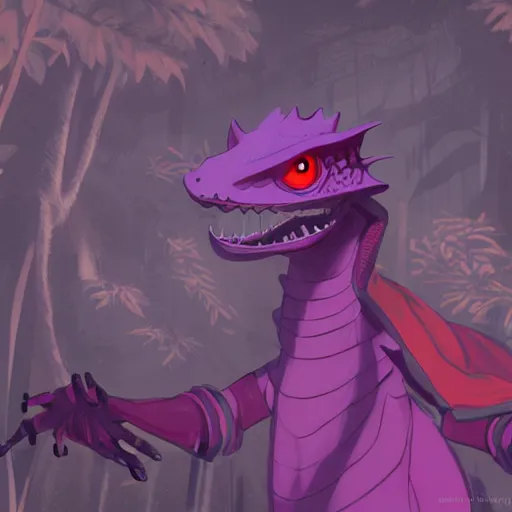 Image similar to concept art painting of an anthropomorphic lizard wearing magenta wizard robes, in the deep forest, realistic, detailed, cel shaded, in the style of makoto shinkai and greg rutkowski and james gurney