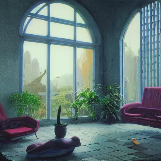 Image similar to 70s interior with arched windows, natural sunlight, summer, hanging plants, cinematic, cyberpunk, lofi, calming, dramatic, fantasy, by Moebius, by zdzisław beksiński, Fantasy LUT, epic composition, sci-fi, dreamlike, surreal, angelic, cinematic, 8k, unreal engine, fantasy concept art,