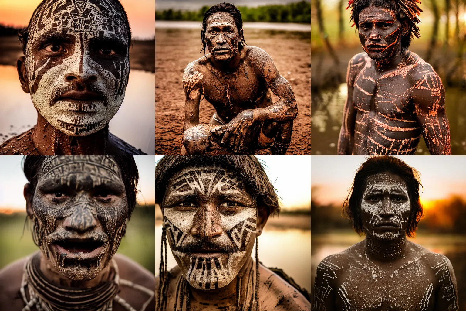 Prompt: photo of an aztec tribal man covered in mud, low sunset in a swamp, documentary photo, color graded, HD, 4K