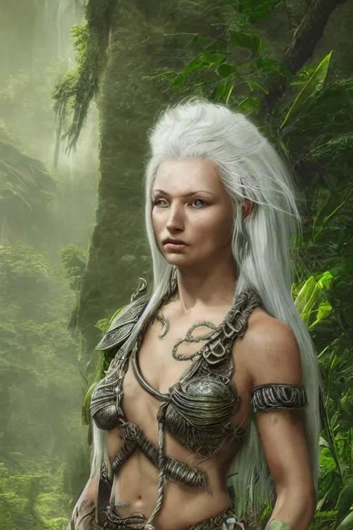 Prompt: photorealistic digital painting of a celtic warrior woman with white hair in a jungle by greg rutkowsky and conrad rosed and yoshitaka amano rendered in octane