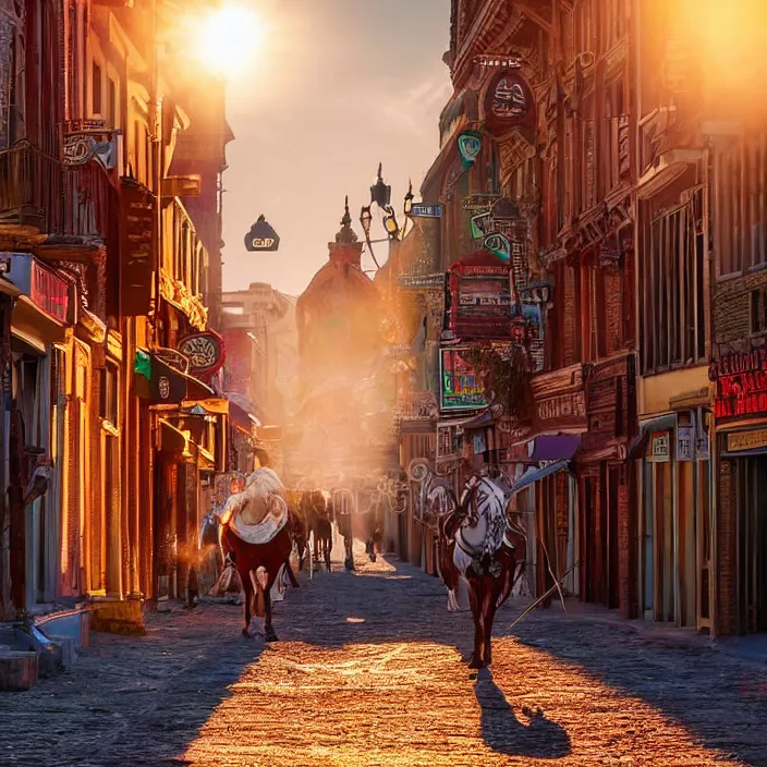 Prompt: a sunset light historical wild west broad empty street, duel between two cowboys, cowboy seen from the back, lots of sparkling details and sun ray's, blinding backlight, smoke, volumetric lighting, colorful, octane, 3 5 mm, saloon exterior, empty old town street, beautiful epic colored reflections, very colorful heavenly, softlight