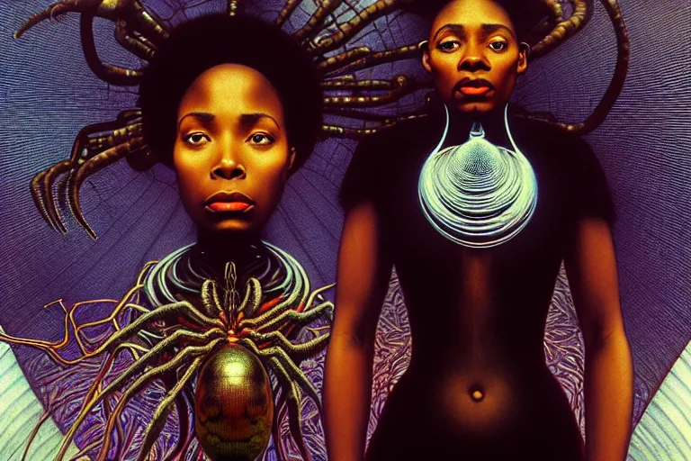 Image similar to realistic detailed photorealistic portrait movie shot of a beautiful black woman with a giant spider, dystopian city landscape background by denis villeneuve, amano, yves tanguy, alphonse mucha, ernst haeckel, jean delville, david lynch, edward robert hughes, roger dean, cyber necklace, rich moody colours, cyber patterns, wide angle