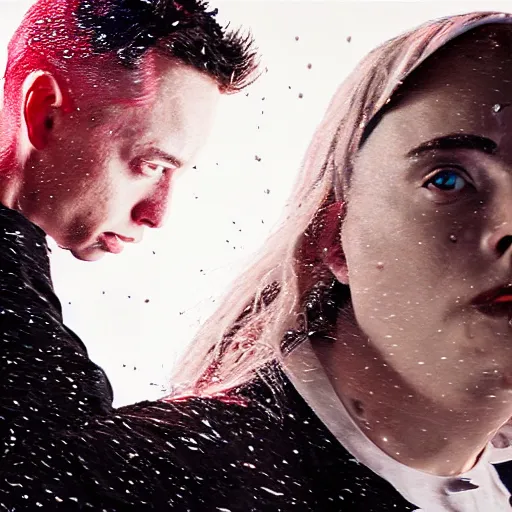 Prompt: Billie Eilish fighting Elon Musk, cinematic, 4k, dramatic lighting, realistic, raining, futuristic, busy, dynamic perspective