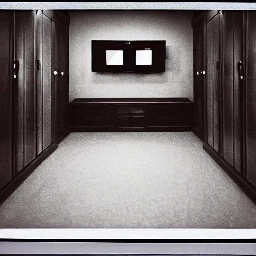 Image similar to Photograph of an old black room with a TV playing an emergency warning, dust in the air, brown wood cabinets, taken using a film camera with 35mm expired film, bright camera flash enabled, award winning photograph, creepy, liminal space