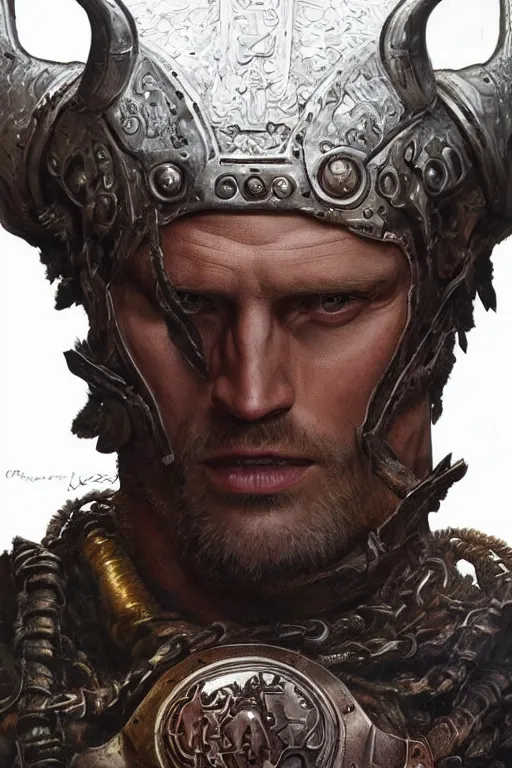 Image similar to ultra realistic illustration,, a hulking herculean alexander skarsgard with leather armour, from doom and warhammer, intricate, elegant, highly detailed, digital painting, artstation, concept art, smooth, sharp focus, illustration, art by artgerm and greg rutkowski and alphonse mucha