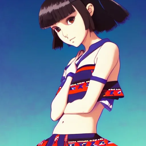 Image similar to a beautiful! boyish! natalie portman alluring gravure! model, wearing japanese school girl outfit with mayan pattern and native style, aztec street fashion, gapmoe yandere grimdark, trending on pixiv fanbox, painted by greg rutkowski makoto shinkai takashi takeuchi studio ghibli, akihiko yoshida