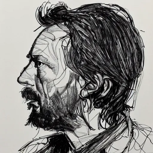 Image similar to a realistic yet scraggly portrait sketch of the side profile of a stern and sophisticated thom yorke, trending on artstation, intricate details, in the style of frank auerbach, in the style of sergio aragones, in the style of martin ansin, in the style of david aja, in the style of mattias adolfsson