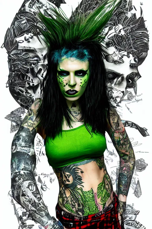 Prompt: upper body portrait punk woman with green mohawk, covered in goth style tattoos, wearing a bold tees shirt, fishnets and a long tartan skirt, intimidating, max details, hyperrealistic, photorealistic, ultra - realistic, ultra - detailed, cinematic, 8 k resolution by alan lee