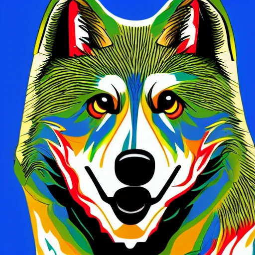 Image similar to portrait of retarded wolf, squint eyes, rabies, propaganda style, vivid colors, detailed