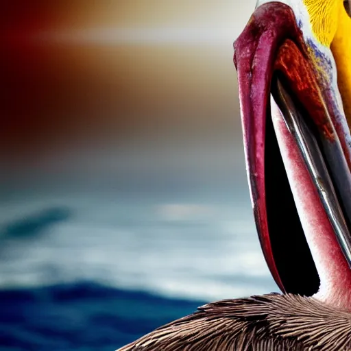 Prompt: photo of a huge pelican scooping tiny humans out of a giant glass of red wine with its massive beak