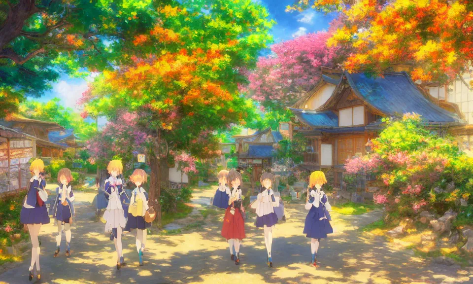 Prompt: impressionist painting of happiness and friendship, rural landscape, kyoto animation, wide shot, dynamic lighting, vivid colors, high detail, award winning