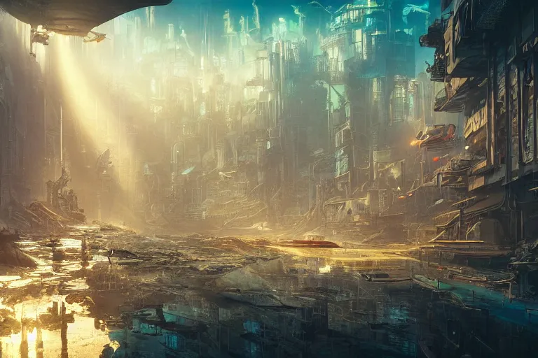 Image similar to a scenic view of an abandoned cyberpunk city under water, ray of sunlight, whale fall, fish flocks, Greg Rutkowski, Moebius, Mohrbacher, Mucha, blue and gold color scheme, ultra wide angle, light effect